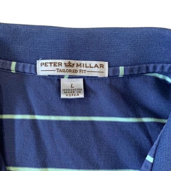 Peter Millar Polo Golf Shirt Men’s Size Large Blue Green Striped Tailored Fit - Picture 2 of 3